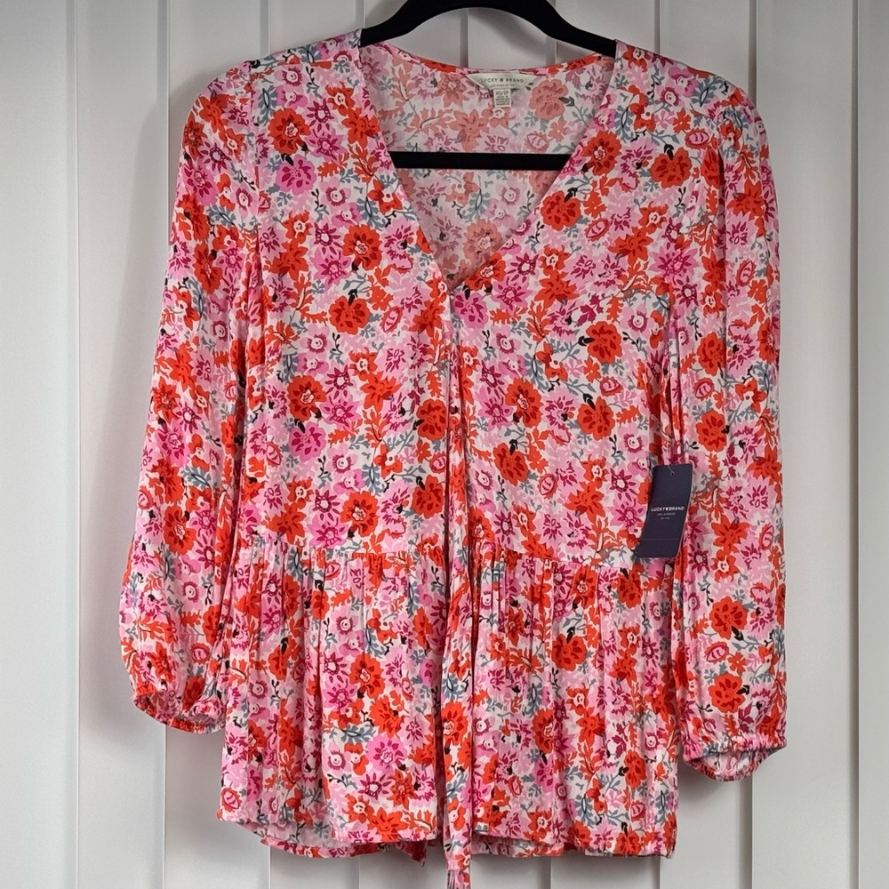 Lucky Brand Pink & Coral Floral Peplum Tie-Front Waist Blouse NWT - Picture 11 of 11